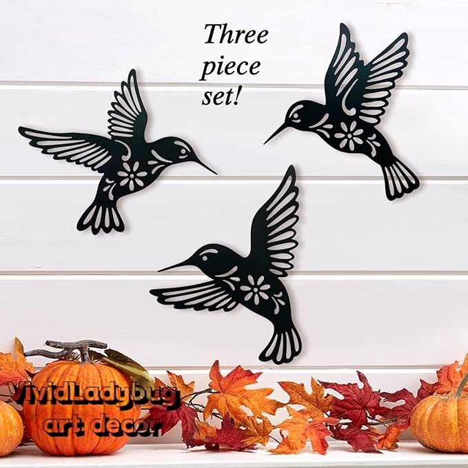 VividLadybug Metal hummingbird wall art decor, 9inch set of 3 black Concise Decoration Hanging for living room bedroom bathroom Kitchen Patio Balcony House indoor outdoor, unique gift choice