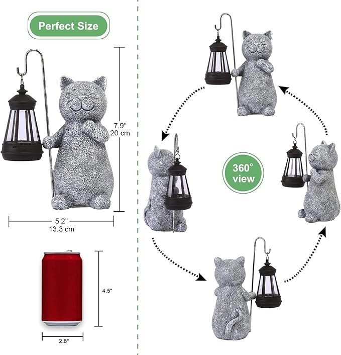 Qeeman Solar Garden Statue Cat Figurine- Garden Art with Solar Lantern, Loving Cat for Patio,Balcony,Yard, Lawn-Unique Housewarming Gift for Garden Mom Grandma