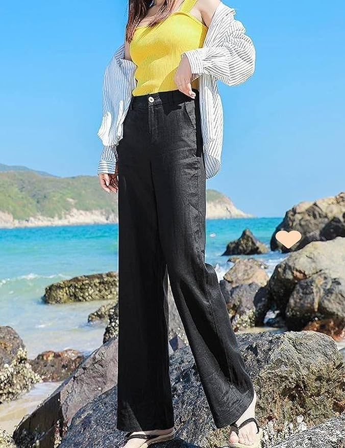 Hooever Womens Casual High Waisted Wide Leg Pants Button Up Straight Leg Trousers