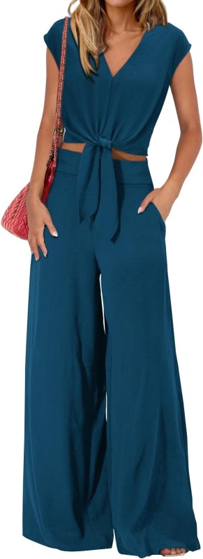 PRETTYGARDEN Women's Summer 2 Piece Outfits 2024 Cap Sleeve V Neck Belted Crop Tops Wide Leg Pant Sets Casual Tracksuit