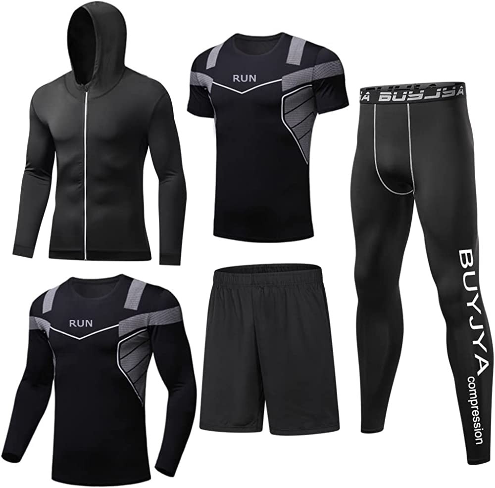 BUYJYA 5Pcs Men's Compression Pants Shirt Top Long Sleeve Jacket Athletic Sets G