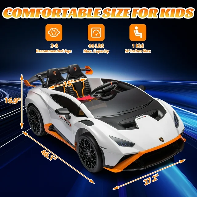 iRerts White 24V Kids Ride On Cars with Remote Control, Lamborghini Huracan Sto Powered Ride on Trucks for Boys Girls Gifts, Ride on Toys with Bluetooth, USB Ports, Music, LED Lights, 360° Spin, Drift