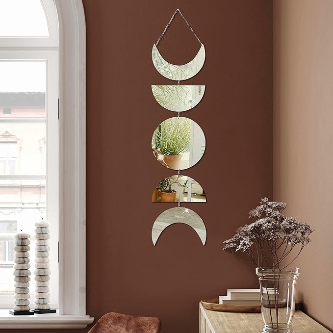 Moon Cycle Wall Decor | Acrylic Decorative Moon Phase Mirror Boho Wall Hanging | Bohemian Decor for Bedroom | Preppy Aesthetic Mirror Decorations for Living Room Moon Phases Art | Silver, Gold Decor