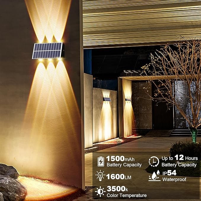 REINHARDT Solar Lights Outdoor Waterproof Solar Wall Lights Outdoor Sconce Lights Up and Down Solar Fence Lights Decor for Porch Garage Yard Deck Garden Walkway Sconce Lights-Warm White 4 Pack