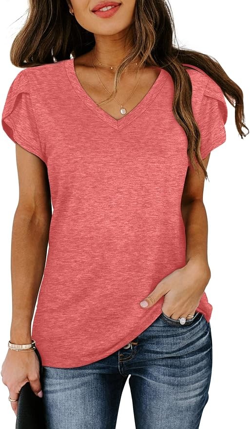 WIHOLL Womens Tops V Neck Summer Petal Sleeve Casual Tshirts