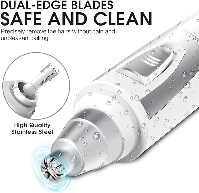 Ear and Nose Hair Trimmer Clipper - 2024 Professional Painless Eyebrow & Facial Hair Trimmer for Men Women,Battery-Operated Trimmer with IPX7 Waterproof,Dual Edge Blades for Easy Cleansing White