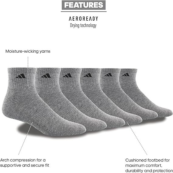 adidas Men's Athletic Cushioned Quarter Socks (with Arch Compression for a Secure Fit (6-Pair)