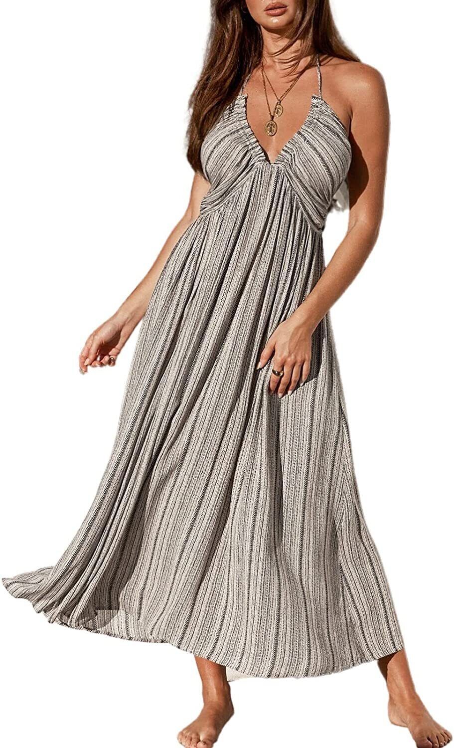 CUPSHE Women Summer Halter Smocked Maxi Dress Plunge Sleeveless Long Solid Fitte