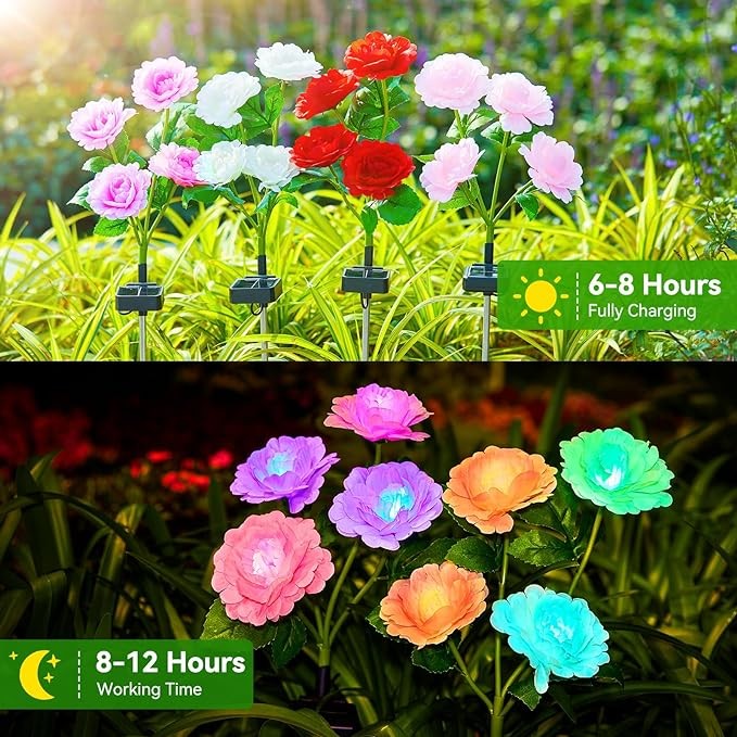 KOOPER Solar Lights Outdoor Garden Decor, 4 Pack Solar Garden Lights Outdoor with 16 Peony Solar Flowers, 7 Color Changing Solar Lights for Outside, Outdoor Solar Lights Yard Decor Mother's Day Gifts