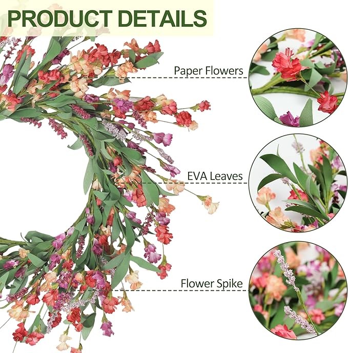 Artgar Front Door Wreaths 24 Inch Spring Wreaths for Front Door, Front Door Wreaths for All Seasons for Indoor Outdoor Home Office Wall Window Wedding Farmhouse Holiday Decor (Red&Orange&Purple)