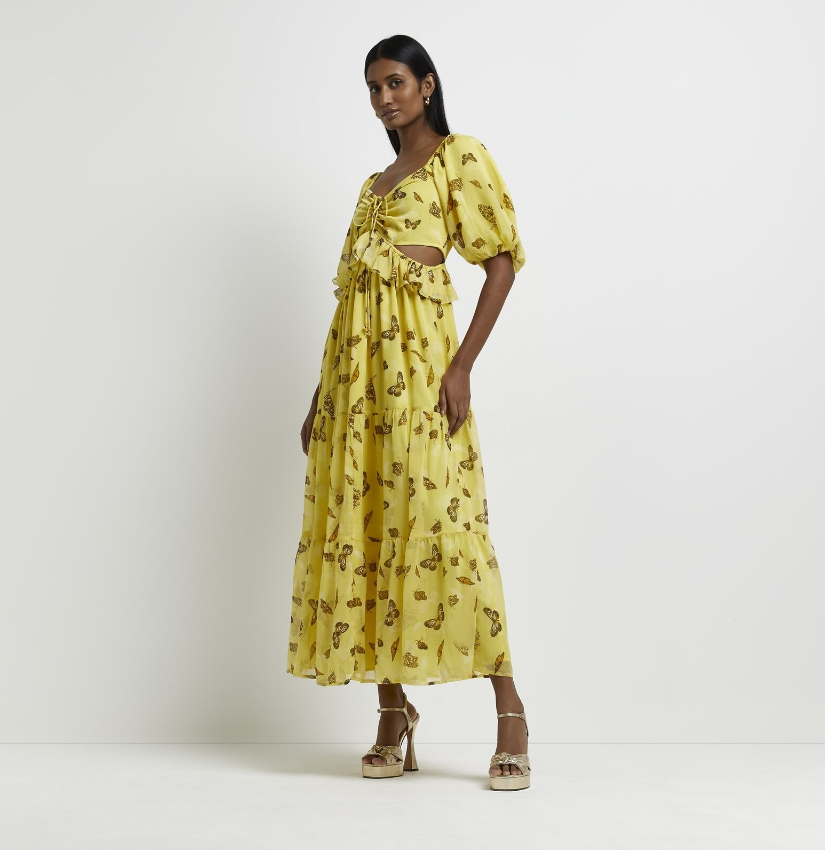 River Island Womens Maxi Dress Yellow Print Cut Out Stylish Short Sleeves