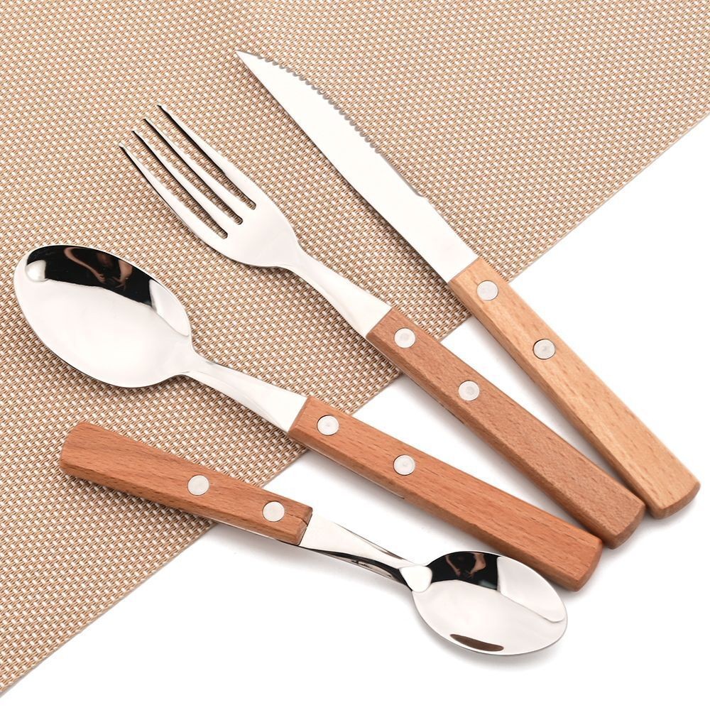 Wooden Handle Cutlery Tableware Stainless Steel Knife Fork Spoon Dinnerware Tool
