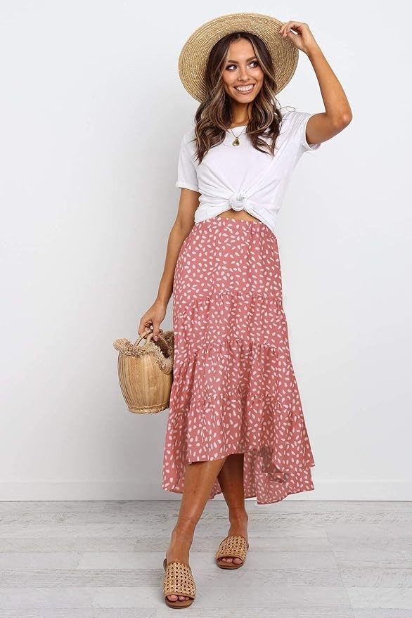 SimpleFun Women's Long Skirts Boho Floral Elastic High Waist Asymmetrical Hem Midi Skirt