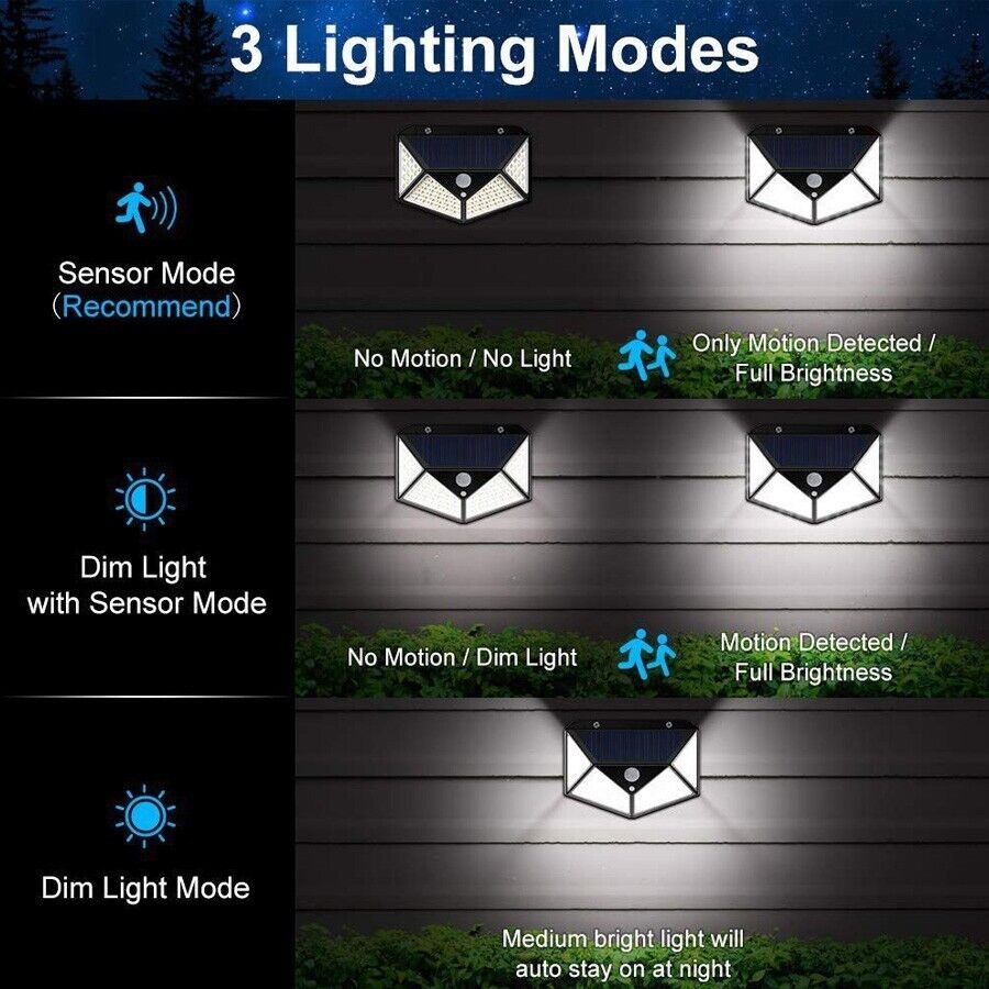 4x 100 LED Solar Power Wall Light Outdoor PIR Motion Sensor Security Garden Lamp