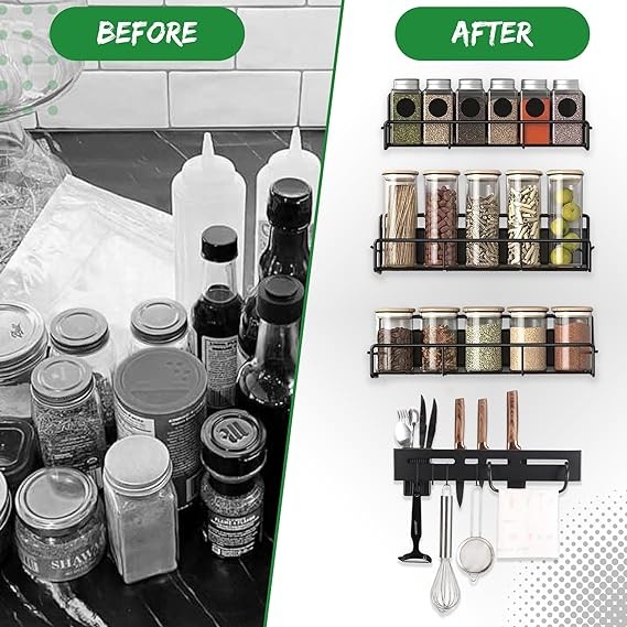 Zhedar Magnetic Spice rack - All 3 Magnetic Spice Rack for refrigerator - with 11.8 inches and 1 All-in-one Kitchen Utensil Organizer with hooks, and holding Knifes, Spoons, Scissor, Stick Sharpening