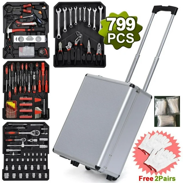 799pcs Household Tool Set with Aluminum Trolley Case, Mechanics Tools Kit, Auto Repair Tool Kit Toolbox and Wheels-tool and Home Improvement (Silver)