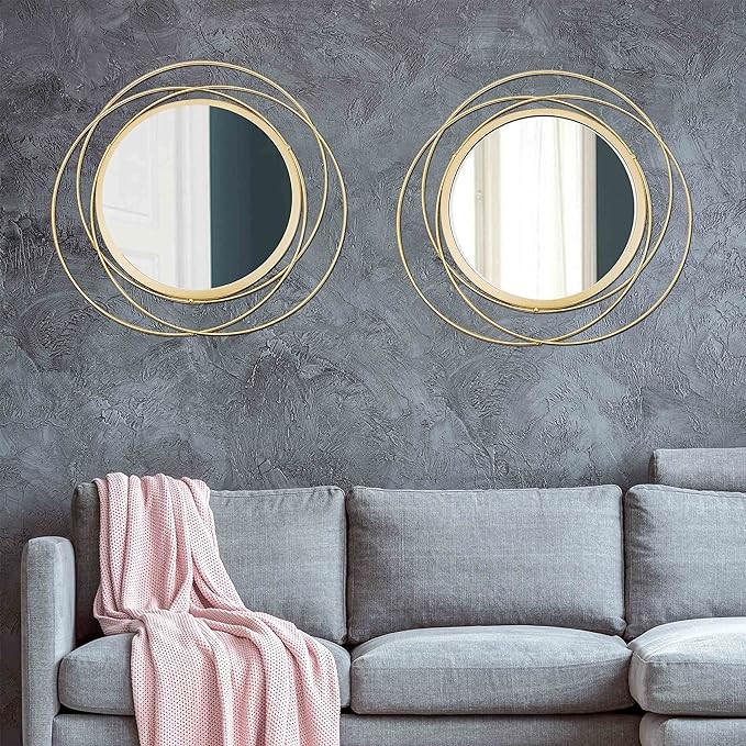 2 Set 15.7'' Gold Circle Mirrors Wall Decor Iron Frame Mirrors Art Round Home Hanging Mirrors for Living Room/Bedroom/Bathroom/Entryway (Medium Size 15.7 inch)