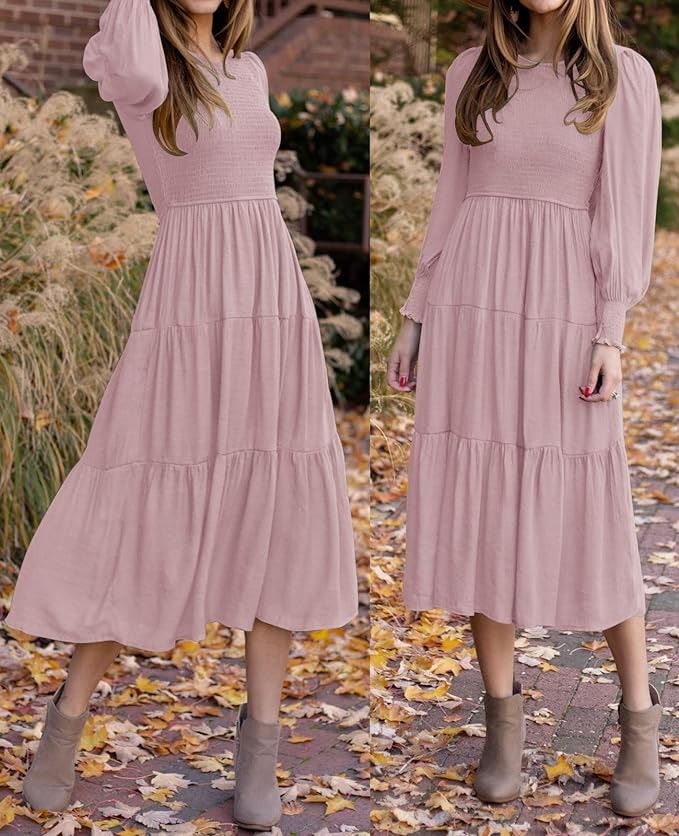 ZESICA Women's 2024 Casual Long Sleeve Crew Neck High Waist Smocked Flowy Tiered Midi Dress