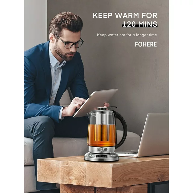 FOHERE Electric Tea Kettle, Electric Kettle Temperature Control with 9 Presets, 2Hr Keep Warm, Removable Tea Infuser,Silver Stainless Steel Glass Boiler, BPA Free, 1.7L