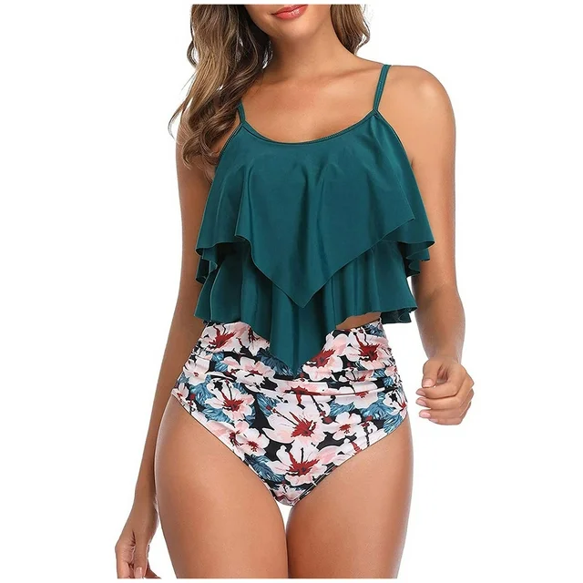 Efsteb Bikini Sets for Women,Two Piece Swimsuit for Women Clearance Beachwear High Waisted Bikini Swimwear Bikini Bathing Suits Floral Print Swimsuits Green L