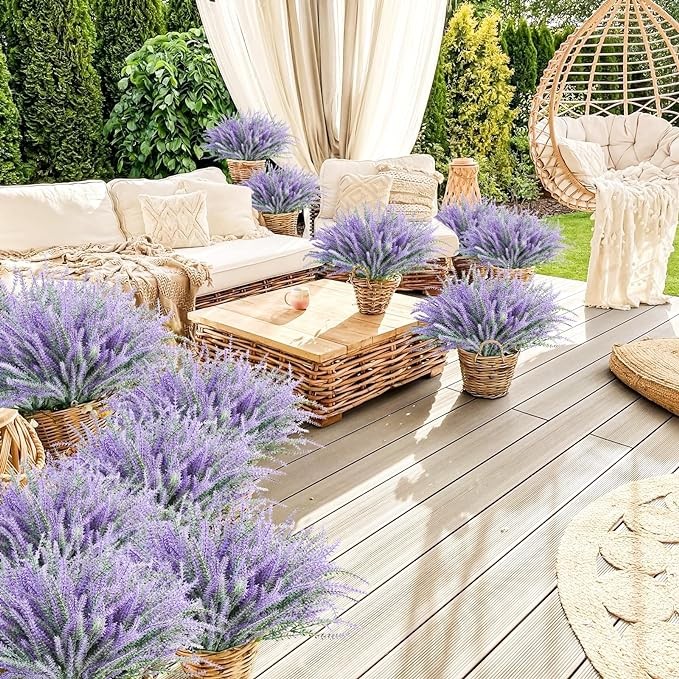 obbsie 30 Bundles Artificial Lavender Outdoor, 14.5" UV Resistant Faux Plants Outdoor Greenery Stems No Fade Plastic Fake Flowers for Outdoor Window Garden Office Patio Porch Decor