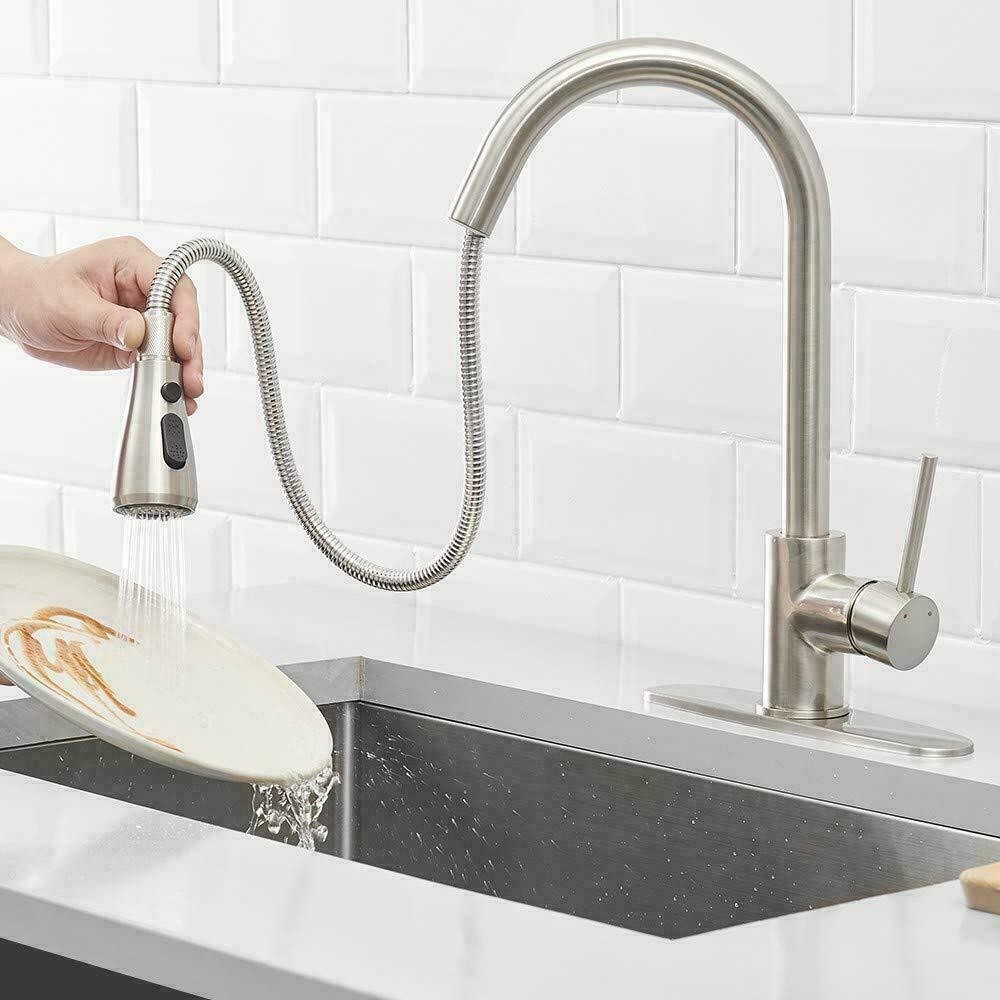 Kitchen Sink Faucet Pull Down Single Handle Swivel Sprayer Mixer Tap W/Plate