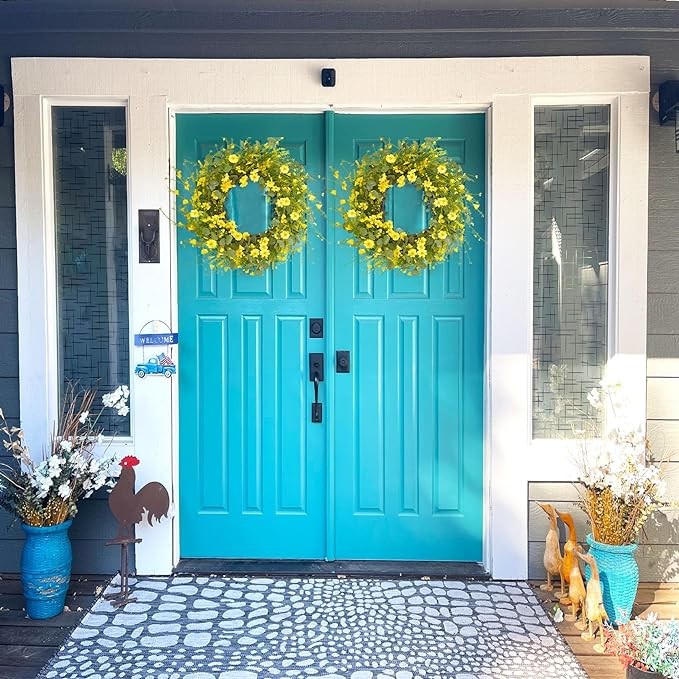 LVLFOR 24In Artificial Yellow Daisy Wreath, Spring Wreath with Green Eucalyptus Leaves, Yellow Flowers with Grapevine Wreath, Silk Floral Spring Summer Wreaths for Front Door Window Wall Porch Decor