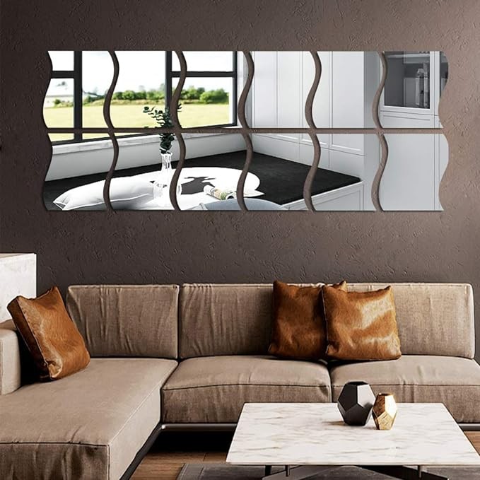12PCS Wavy Mirror Wall Stickers, Full Length 3D Mirror Art DIY Home Decorative Acrylic Sheet Plastic Mirror Tiles for Home Living Room Bedroom Sofa TV Setting Wall Decoration Décor