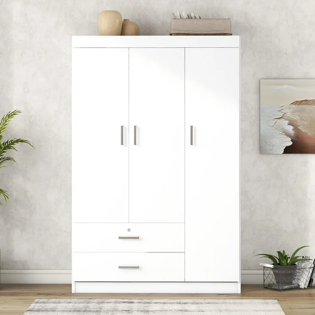 UBesGoo 3-Door Wardrobe, Wide Armoire with 2-Drawers, Clothing Rod and 3-Shelves in White