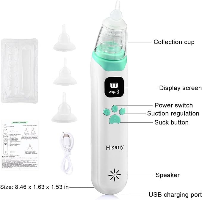 Hisany Electric Nose Suction for Baby 3rd Gear Adjustable,Nasal Aspirator for Baby with Music Soothing Function Caring for Baby Health USB Rechargeable Automatic Nose Cleaner with 3 Silicone Tips