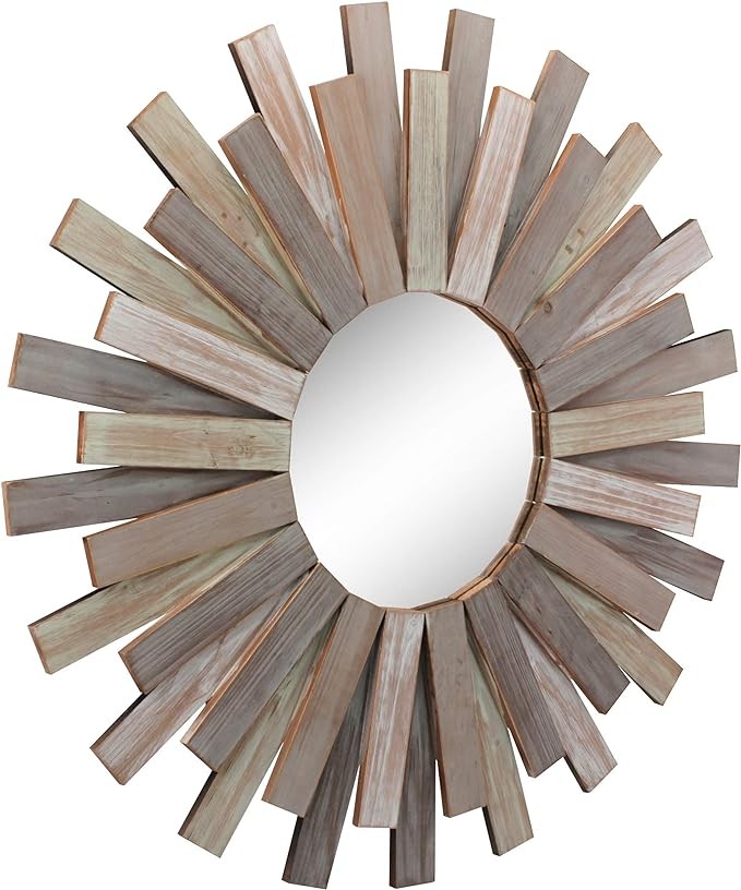 Stonebriar Large Round 32" Wooden Sunburst Wall Mirror with Attached Hanging Bracket, Decorative Rustic Decor for the Living Room, Bathroom, Bedroom, and Entryway, Multi Color