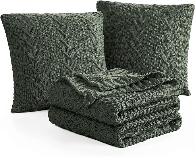 Aormenzy Knitted Throw Blanket (50" x 60") and 2 Pillow Covers (18" x 18"), 3 Piece Grayish Green Throw Blanket Set, Decorative Throw Blankets for Couch Sofa Bed Living Room