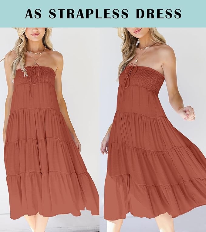 HAEOF Women's Summer Elastic High Waist Boho Maxi Skirt Casual Drawstring A Line Flowy Swing Long Skirts
