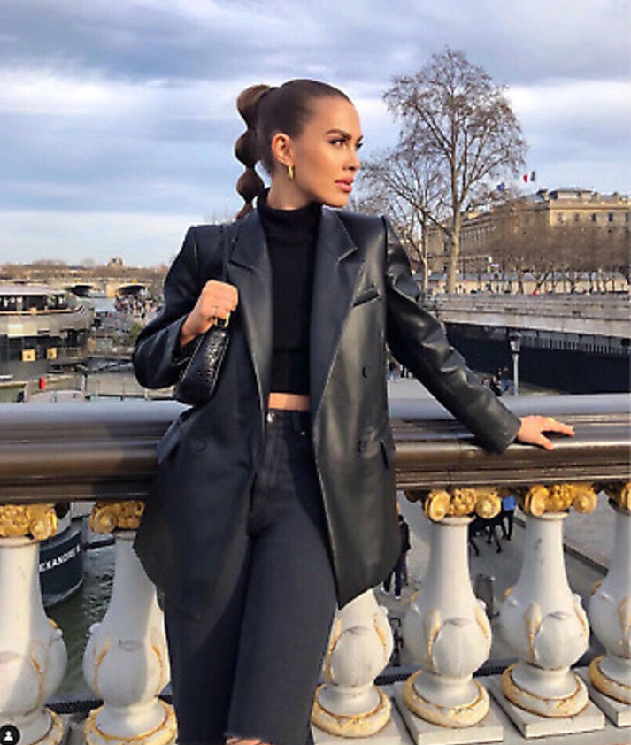 ZARA BLACK PADDED SHOULDER LAPEL COLLAR OVERSIZED MASCULINE FAUX LEATHER BLAZER