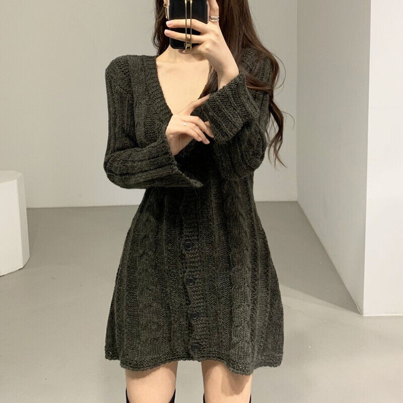 Womens V Neck Long Sleeves Knitted Sweater Dress Korean Fashion Mini Skirt Tops