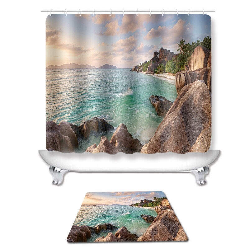 Beach 3D Printed Waterproof Shower Curtain with Rug Toilet Cover Bath Mat Set-.-