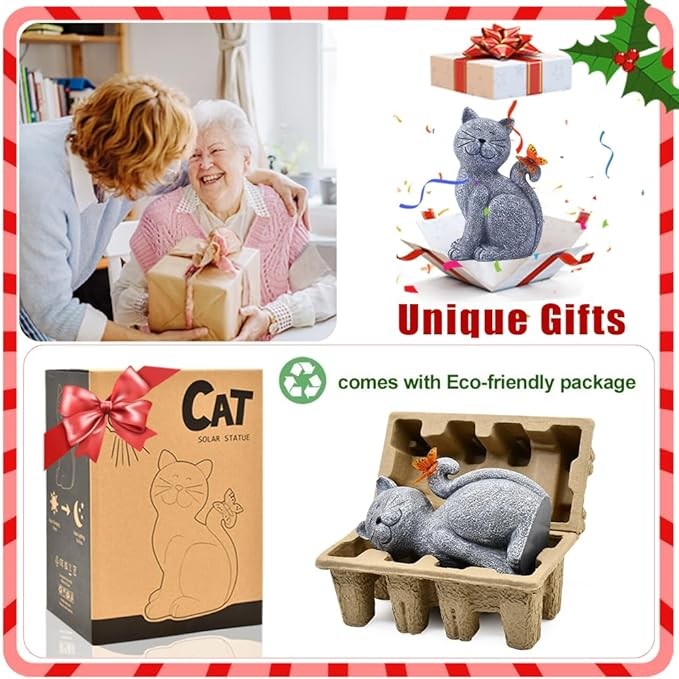 Solar Cat Outdoor Statues for Garden: Outside Decor with Butterfly Clearance for Yard Art Lawn Ornaments Porch Patio Balcony Home House - Birthday Gifts for Grandma Mom Women