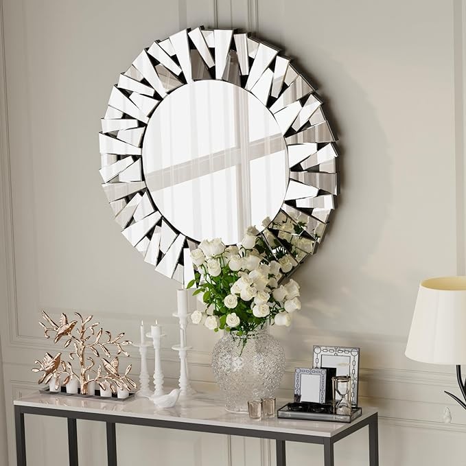 Artloge Round Decorative Mirror Wall: 32 inch Large Silver Vanity with Beveled Glass Frame Edge and Back for Modern Home Mirrored Art Accent Decor Bathroom Bedroom Living Room