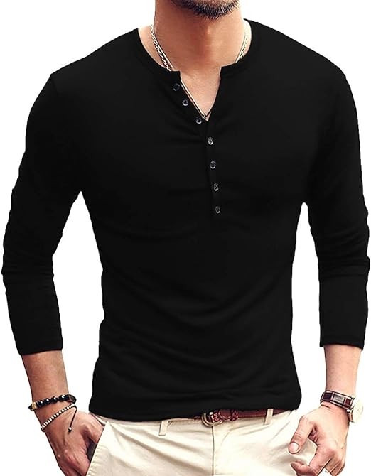 YTD Mens Casual Slim Fit Basic Henley Long Sleeve Fashion T-Shirt