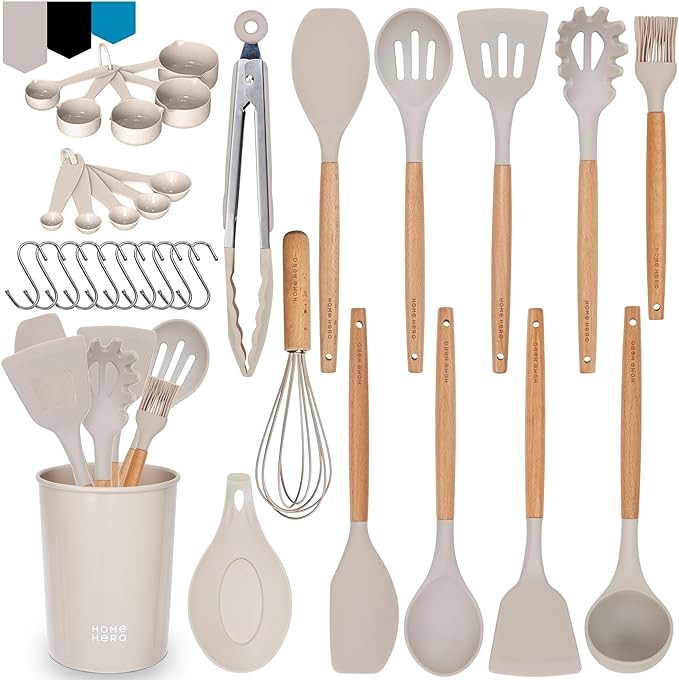 Home Hero Silicone Kitchen Utensils Set, Non-Stick Silicone Cooking Utensils Set with Spatula, Wooden Handle Spatula, Silicone Kitchen Gadgets Utensil Set (33 Pcs - Khaki)