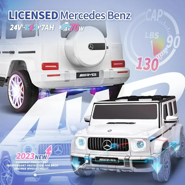 Joywhale 24V 2-Seater Kids Ride on Car Licensed Mercedes-Benz G63 Powerful 4WD for Kids Ages 3-8, with 7AH Big Battery, Remote Control, Soft Braking, 4-Wheel Suspension, LED Headlight & Music, White