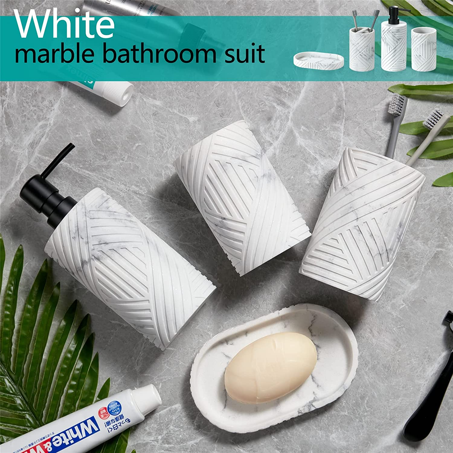 Bathroom Accessories Set 4 Pcs Marble Look Resin Vanity Counter Countertop Acces