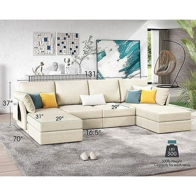 Papajet Modular Sectional Sofa, 6 Seats U-shaped Oversized Couch with Storage , Ottomans- Chenille Beige
