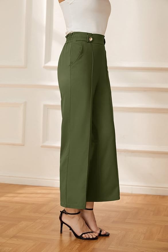 GRACE KARIN Women's Straight Leg Cropped Work Pants Elastic High Waist Wide Leg Business Casual Slacks with Pocket