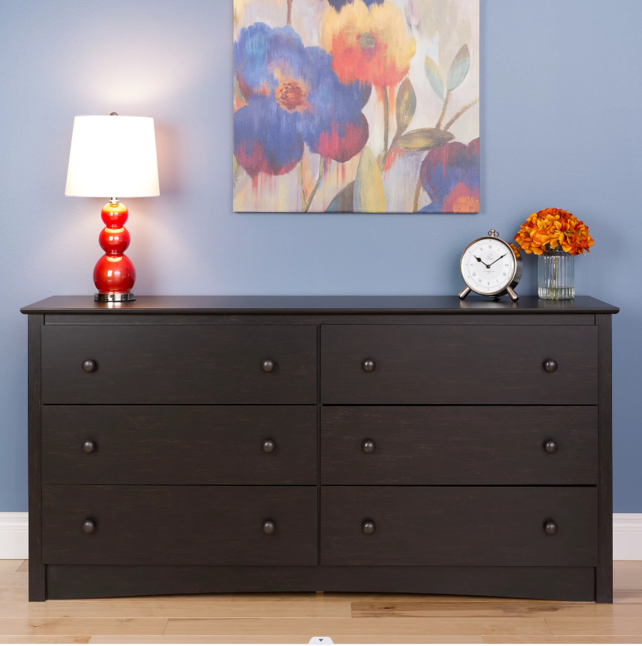 6-drawer wooden double dressing table 16 "x 59" x 29 ", Washed Black
