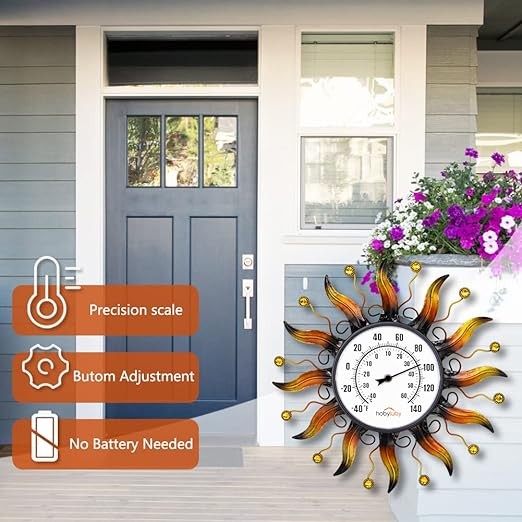 VEWOGARDEN 13.5" Sun Outdoor Digital Thermometer, No Battery Needed Metal Thermometer Decor for Patio, Living Room, Greenhouse