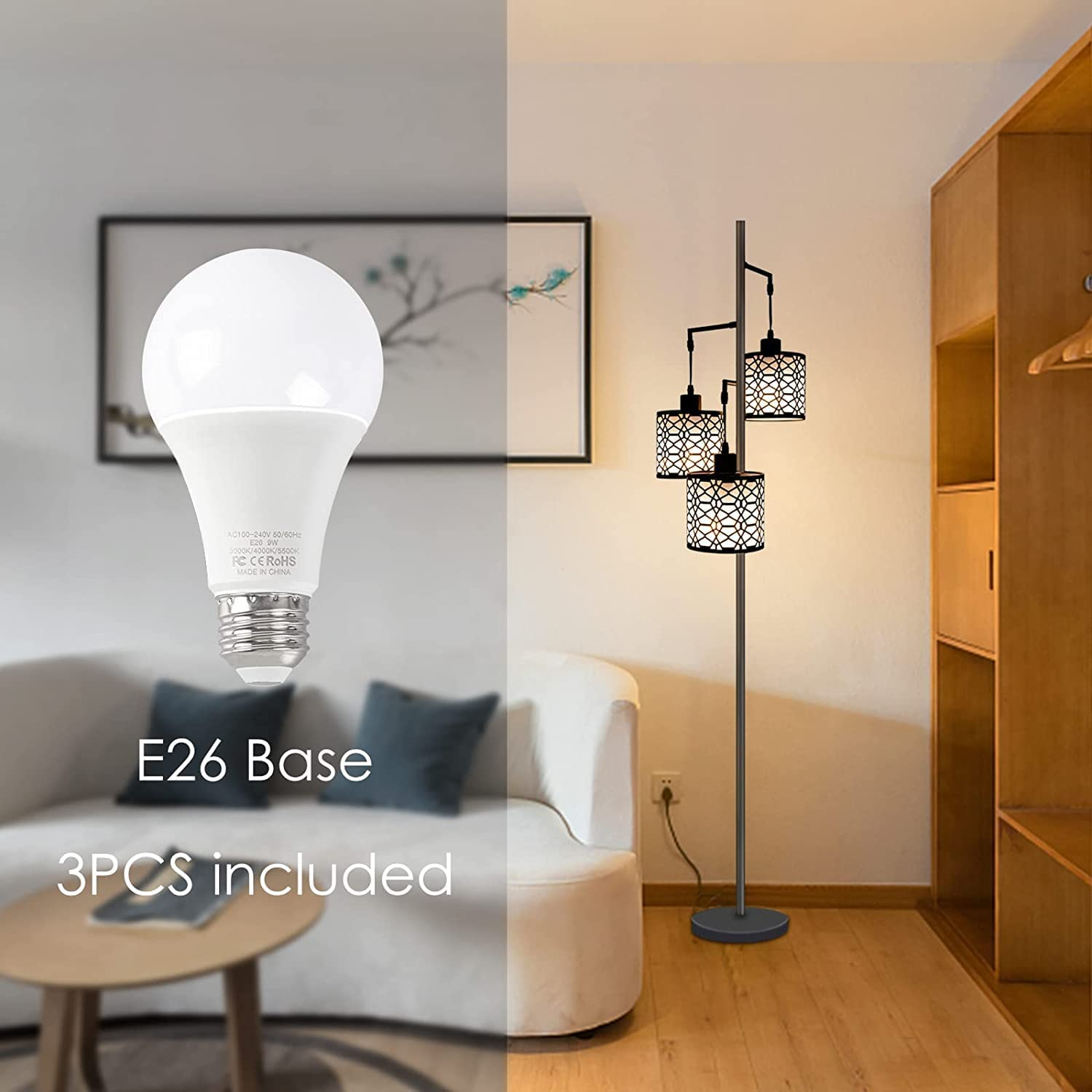 Dimmable Industrial Floor Lamp with 3-Lights Black Farmhouse Floor Lamps for Liv