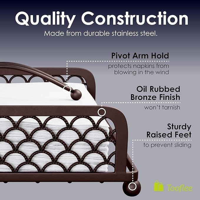 Elegant Flat Paper Napkin Holder with Dispenser Arm - Oil Rubbed Bronze Napkin Holders for Table, Kitchen, Countertops & Outdoor Tables - Square Metal Lattice Basket Dinner Napkin Holder - (ORB)