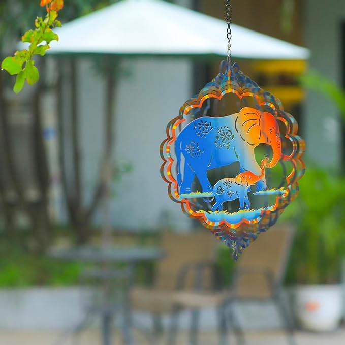 Elephant Wind Spinners Elephant Gifts for Women/Men 12 inch 3D Stainless Steel Hanging Wind Spinner Metal Wind Catchers Kinetic Sculpture for Indoor/Outdoor Decor, Yard Art, Garden Decorations