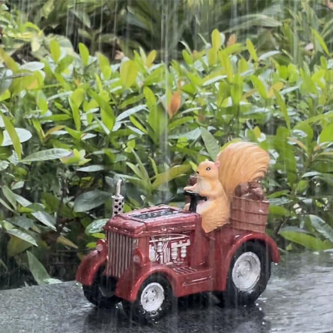 Outdoor Solar Powered Lighted Squirrel's Farm Tractor Statue Used in Lawn Garden Decor, Yard, Flower-Pool Christmas and Harvest Decoration